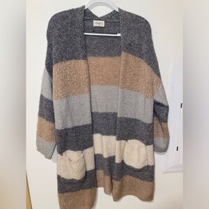 Fable Cozy Striped Cardigan in Gray, Cream, and Brown